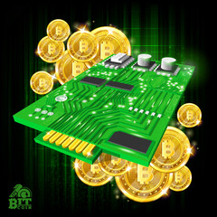 Golden bit coins with micro chip on green background