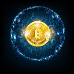 Golden bit coin in the center of round sphere with binary code on dark blue background