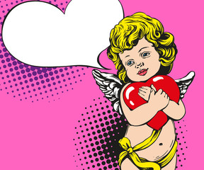 angel or cupid, little baby holds a heart, Valentines day, love, greeting card hand drawn vector illustration pop art retro comic style