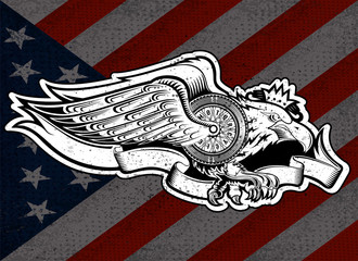 Eagle with motorbike wheel with wings and ribbon on stars and stripes flag background. Vintage motorcycle design on white