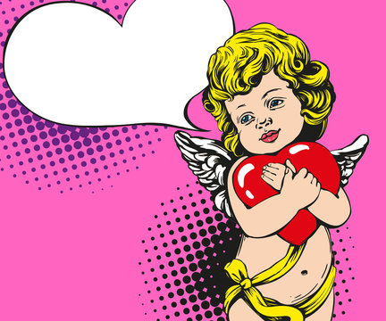 angel or cupid, little baby holds a heart, Valentines day, love, greeting card hand drawn vector illustration pop art retro comic style