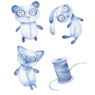 Creepy toys. Cute hande made watercolor animals