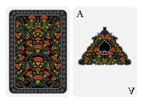 Ace of spades face with spades inside flower pattern frame and bright plant on black suit. Vector card template