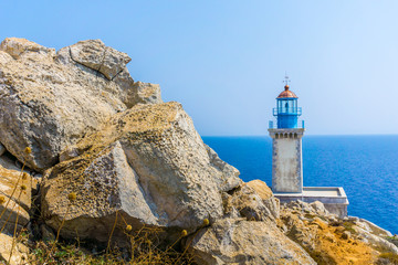 Lighthouse at cape Tainaron lighthouse in Mani Greece. Cape Tenaro, (Cape Matapan) is the...