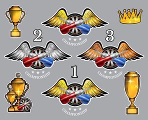 Red and blue darts crossed on round target between wings with cups and crown. Vector set of logo for any team and championship