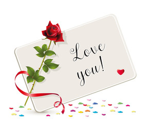 Love You Karte mit Herzchen,
Karte mit Rose und Valentinstags Grüße
Vektor Illustration isoliert auf weißem Hintergrund

