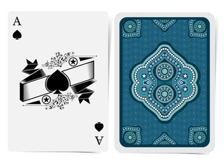 Ace of spades face with spades with ribbon and pattern and back with blue white geometrical texture suit. Vector card template