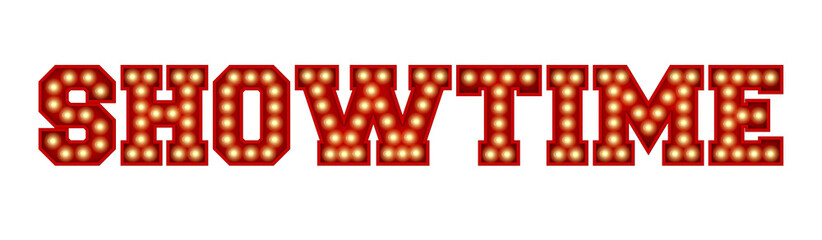 Showtime word made from red vintage lightbulb lettering isolated on a white. 3D Rendering - obrazy, fototapety, plakaty
