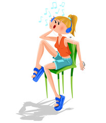 Flat character of girl with headphones sitting on chair and listen music isolated on white