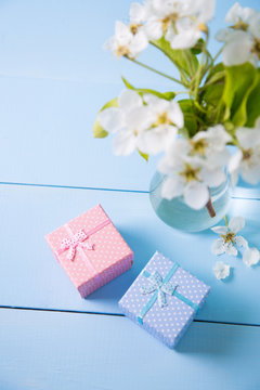 Two little gift boxes with beautiful bouquet of white flowers of blooming cherry branches on blue wooden background.