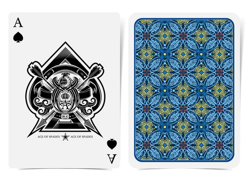 Ace of spades face with thistle plant pattern and crossed arrows and back with blue geometrical insect pattern on dark suit. Vector card template