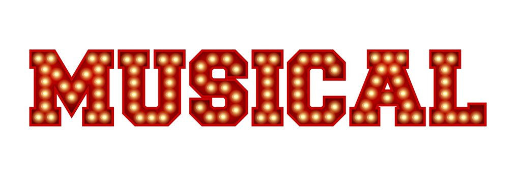 Musical word made from red vintage lightbulb lettering isolated on a white. 3D Rendering