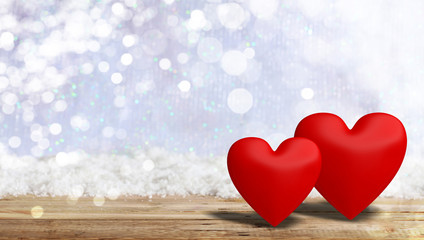 Valentine's day. Red attached hearts on blur snow background, banner, copy space. 3d illustration