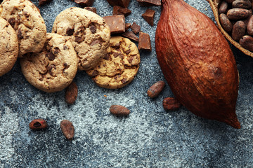 Chocolate cookies on grey table. Chocolate chip cookies shot
