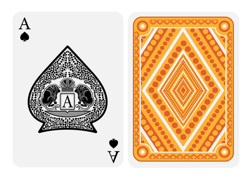 Ace of spades face with crown and two lions with floral pattern inside spades form and back with gold yellow geometrical texture on suit. Vector card template