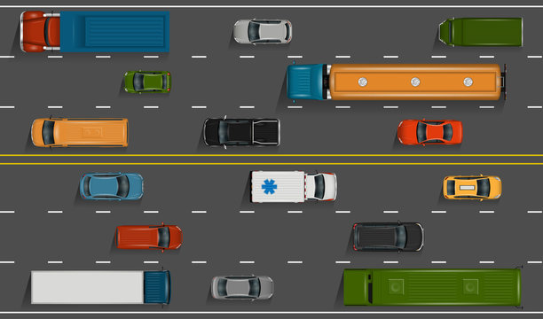 Vector vehicles on the highway illustration. Various detailed cars and trucks with top view. Road auto transport on grey asphalt background.