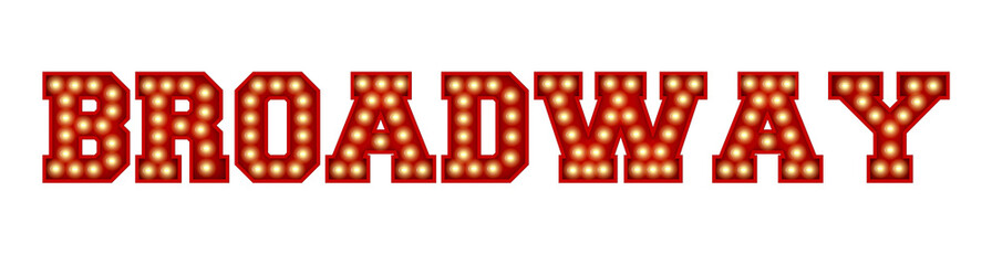 Broadway word made from red vintage lightbulb lettering isolated on a white. 3D Rendering