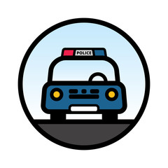 Front view of Blue Police Car with red and blue beacon on roof. Linear vector illustration with editable line. EPS10