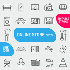 Modern thin line icons goods for online store set. Premium quality outline E-commerce symbol collection. Simple mono linear shopping pictogram pack. Stroke vector logo concept, web graphics.