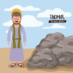 the twelve apostles poster with thomas in scene in desert next to the rocks in colorful silhouette vector illustration