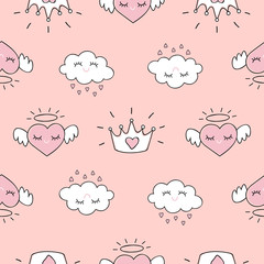 Cute seamless pattern with hearts and love doodles