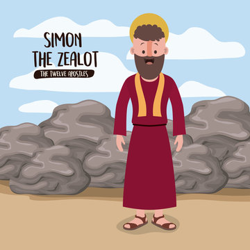 the twelve apostles poster with simon the zealot in scene in desert next to the rocks in colorful silhouette vector illustration