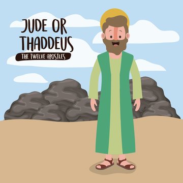 the twelve apostles poster with thaddeus in scene in desert next to the rocks in colorful silhouette vector illustration