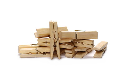 Wooden clothespins set, natural bamboo peg isolated on white background