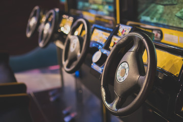 Fototapeta premium Racing simulator game in theme park.