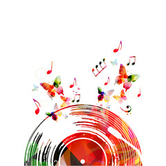 Colorful music poster with vinyl record and music notes. Music elements for card, poster, invitation. Music background design vector illustration