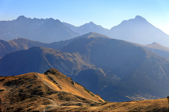 Poland, Tatra Mountains, Zakopane - Pass under Kopa Kondracka, Goryczkowa Czuba, Hruby Wierch, Krywan peaks and High Tatra in background