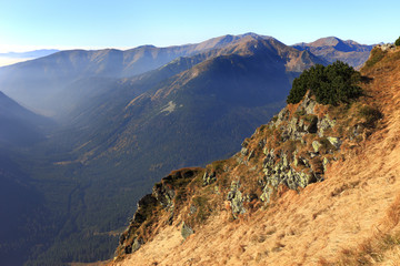 Fototapeta premium Poland, Tatra Mountains, Zakopane - Goryczkowa Pass, Cicha Liptowska and Tomanowa valleys with Czerwone Wierchy peaks and Western Tatra in background
