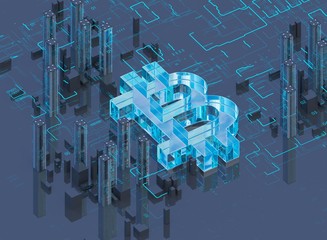 3D illustration of bitcoin symbol rising from modern city on the waterfront