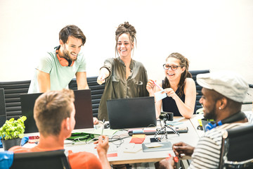 Young people employees group workers with computer in startup studio - Human resource business and...