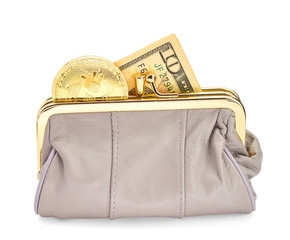 Leather women's wallet with paper money and gold bitcoin