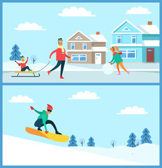 Snowboarder and Family Set Vector Illustration