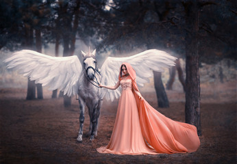 Beautiful, young elf, walking with a unicorn in the forest She is dressed in a long orange dress with a cloak. The plume beautifully waves in the wind.  Artistic Photography