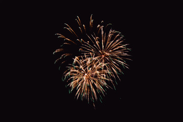 Obraz premium Colorful firework on the night sky. New Year celebration fireworks. Abstract firework isolated on black background with free space for text