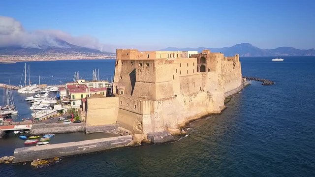 naples aerial drone flying orbit around castel dell'ovo