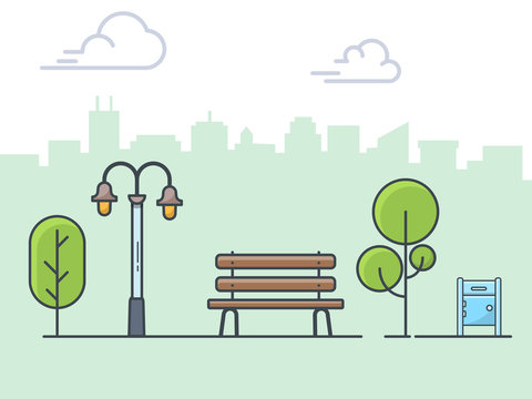 City park , wooden bench, street lamp, mailbox linear illustration