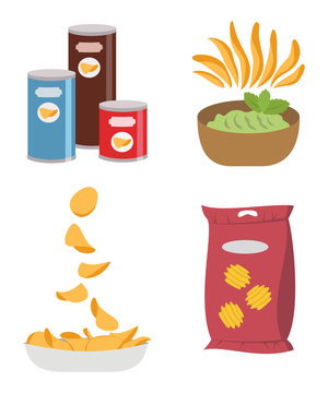 Icon set of potato chips on white background.