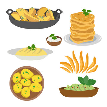 Icon set of dishes of potatoes on white background.