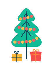 Christmas Pine Tree and Gifts Vector Illustration