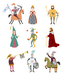 Set of cartoon medieval characters on white background.