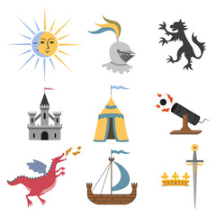 Set of cartoon medieval attributes on white background.