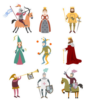 Set Of Cartoon Medieval Characters On White Background.