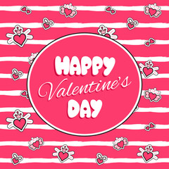 Happy Valentines day print template vector for cards and banner. Pink kids background with hearts patches and striped pattern. Girl holiday cartoon design for party flyer, tag, label or invitation.