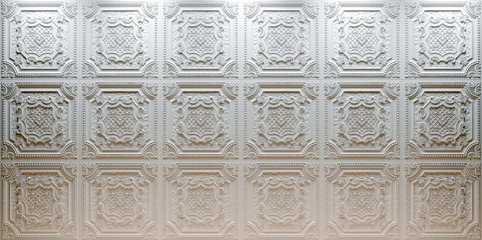White tile with ornament, pattern in retro style. 3D rendering.