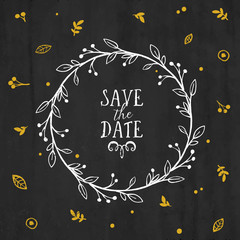 Fototapeta na wymiar Save the Date card with wreath, lettering and other decorative elements. Vector hand drawn illustration.