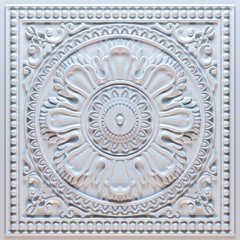 White tile with ornament, pattern in retro style. 3D rendering.